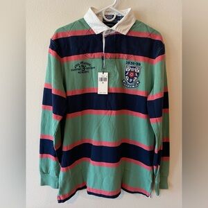 Polo Ralph Lauren Rugby Shirt Green Pink Navy Striped Crest $198 - Size Medium